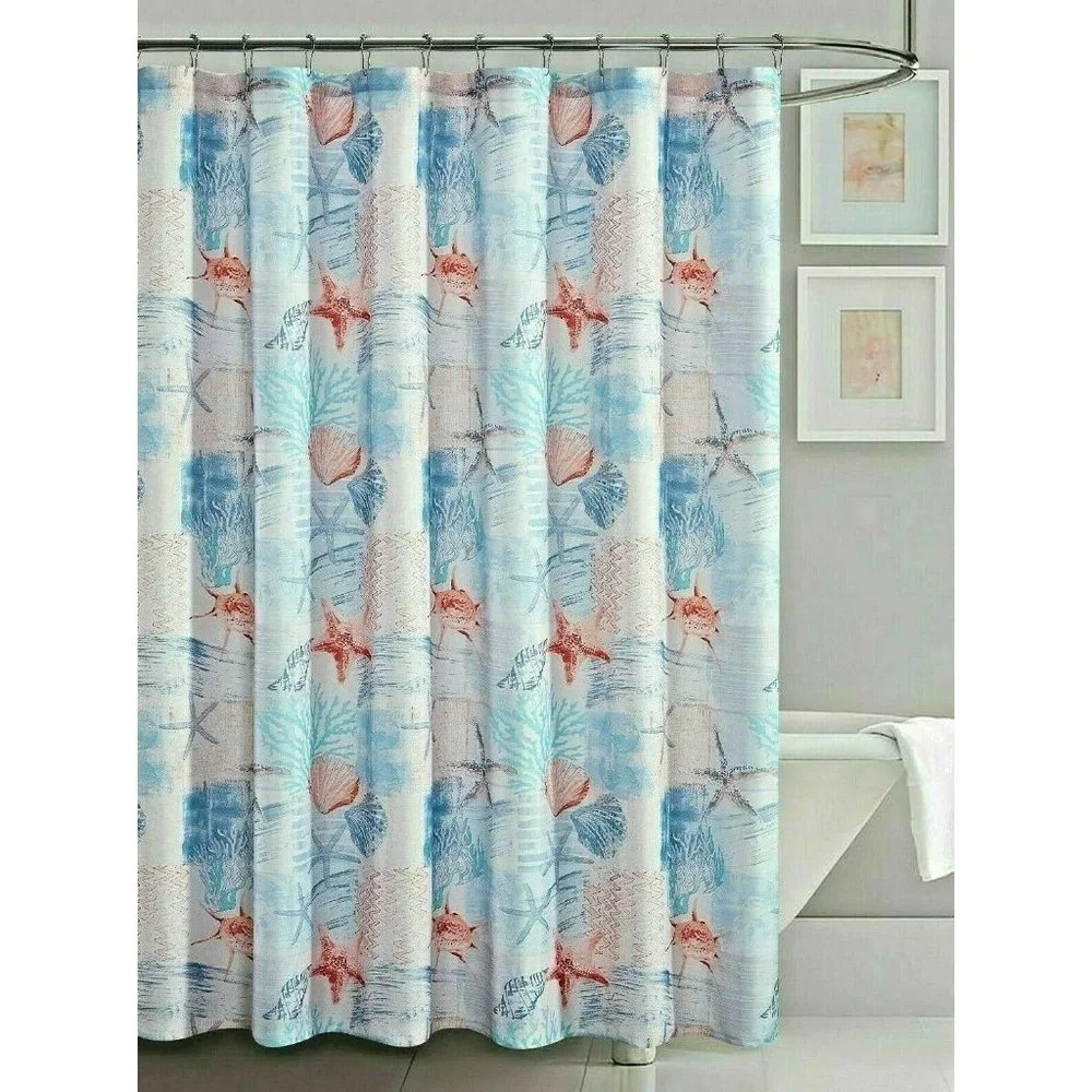 Coastal Shower Curtain Sea Life Coral Starfish Clams Polyester Blue Pink White
